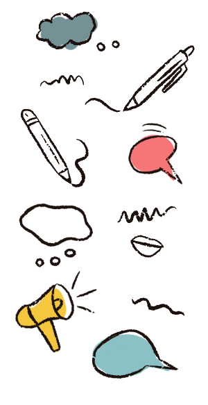 Flow of symbols featuring zigzag written text, megaphone, talk bubble, thought bubble, pencil, pen, mouth speaking