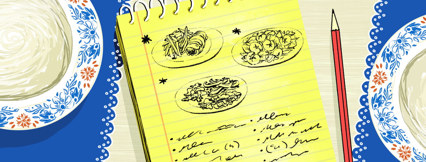 Plates and notepad featuring modified recipes and notes