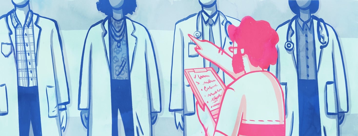 A bearded man holding a clipboard points to a row of doctors Male Female Adult
