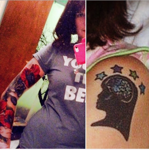 pictures of a sleeve tattoo and a tattoo of a brain