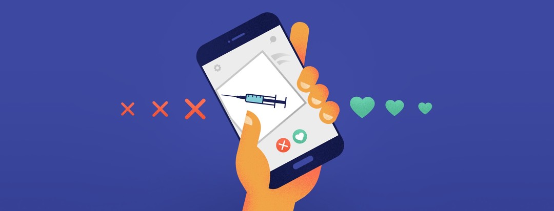 Hand swiping left of tinder dumping a picture of a botox needle