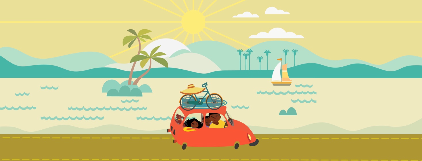 family driving in a car along the beach
