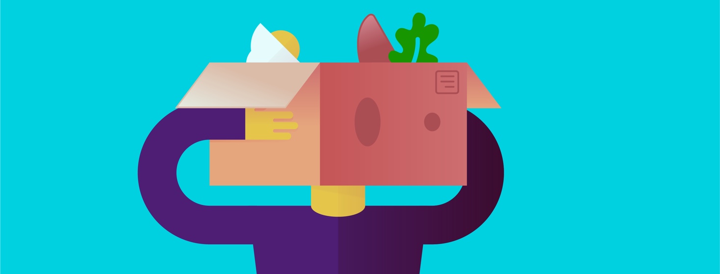 Open moving box, containing household items, mimicking a head on shoulders.