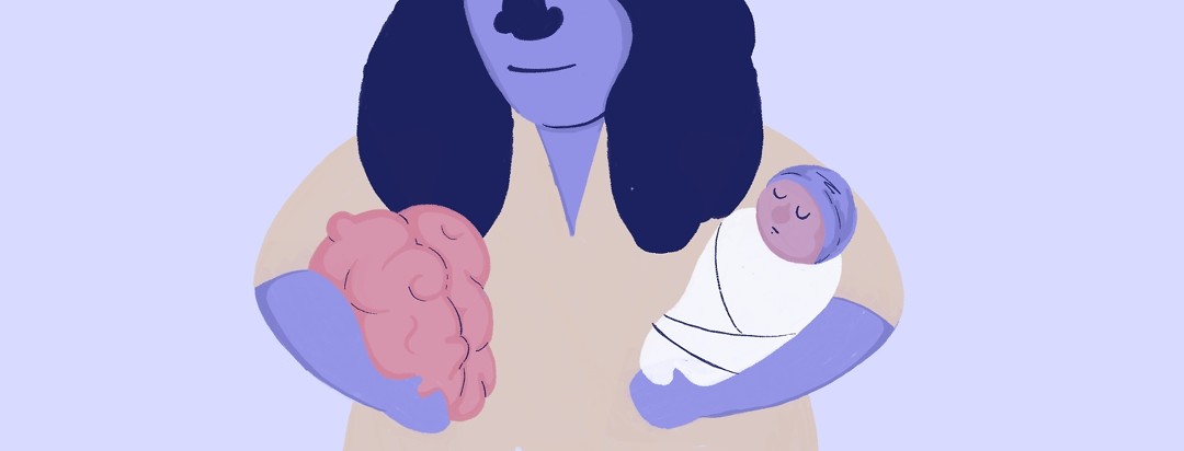 Woman cradling baby in one arm and brain in the other.