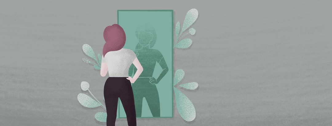 Woman looking in mirror at a silhouette version of herself in green.