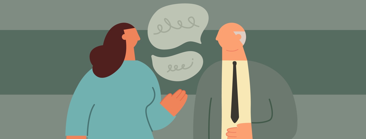 Characterized version of Bob Wold being interviewed by a female figure