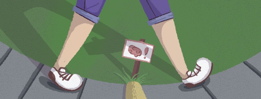 Person wearing shorts and sneakers walking across sidewalk. On the sidewalk is a small flag and speed bump that has an icon of a brain and an exclamation mark that the person is stepping over.
