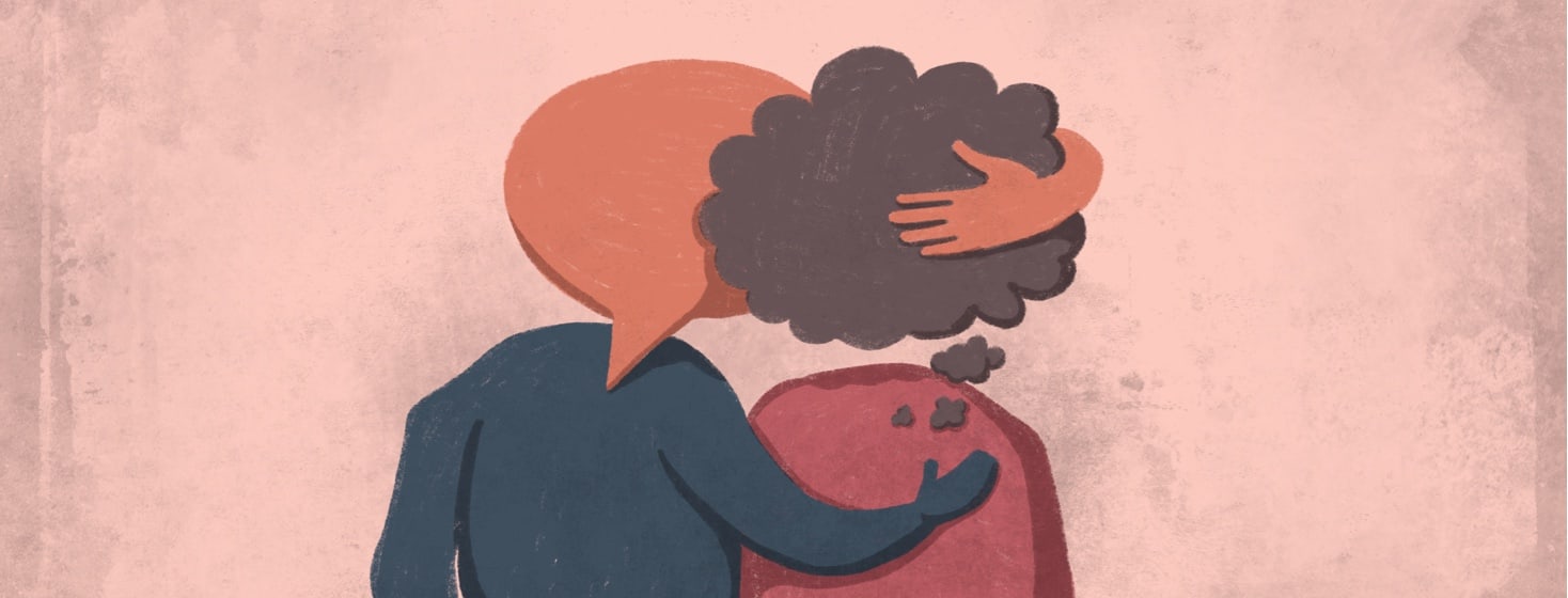 Two figures with their backs to the viewer. One has it's hand on the others shoulder. The figure with its hand on the others back has a speech bubble for a head and the other figure has a thought bubble for a head. The Speech bubble has an arm embracing the thought bubble.