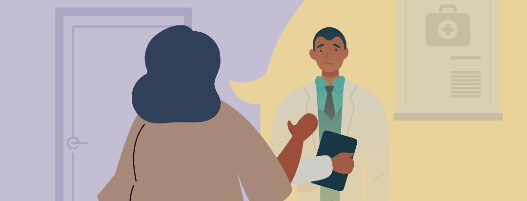 Woman patient standing firm and respectfully speaking to a doctor in their office.