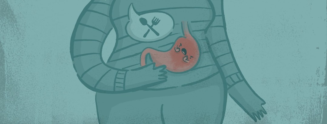 Person holding their belly while their stomach screams at them. From out of the picture in the direction of the head, comes a speech bubble with a fork and spoon crossed in an X formation.