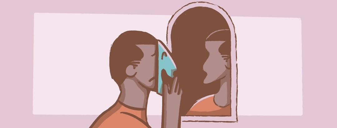 A man looking an a distorted mirror while removing a smiling mask.