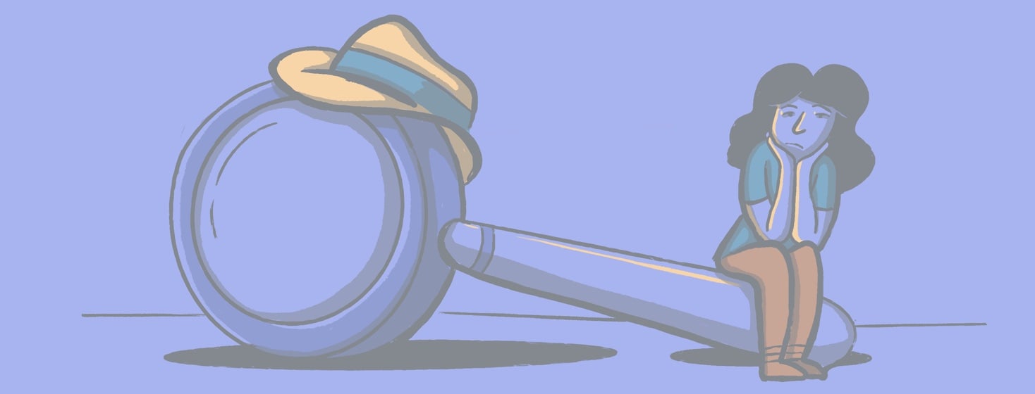 woman sitting on the handle of a comically large magnifying glass with a yellow detective hat sitting on top of it.
