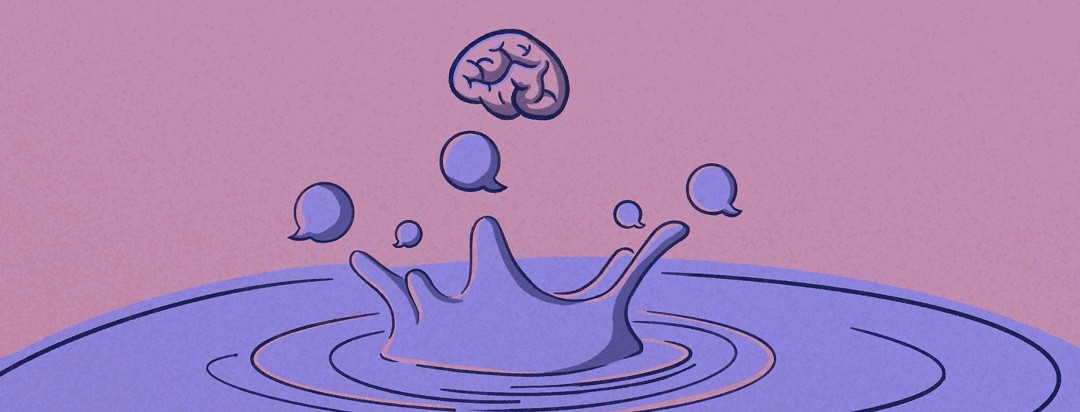 A brain splashing in a puddle causing a ripple effect. The splash of the ripple is made up of smaller speech bubbles.