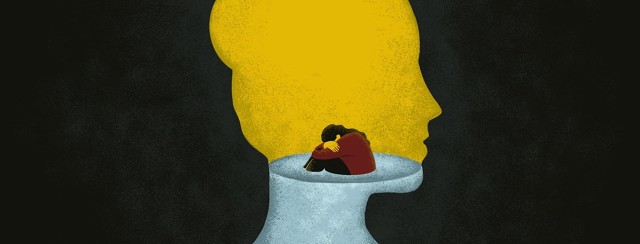A woman sits hugging her knees in a puddle of water contained in a silhouette of a female head.