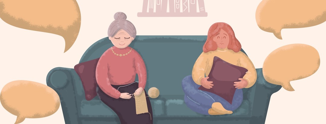An older woman knitting and a younger woman holding a pillow over her midsection are sitting on a couch. There are speech bubbles above their heads.