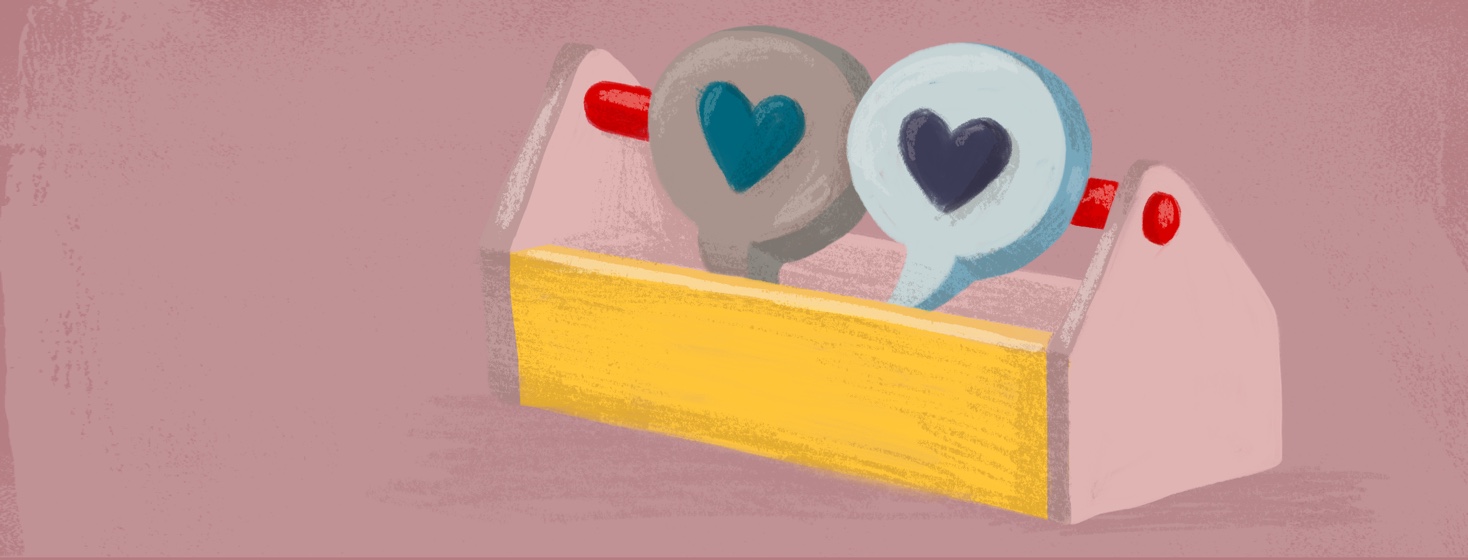 Toolbox featuring two hearts communicating with each other in talk bubbles