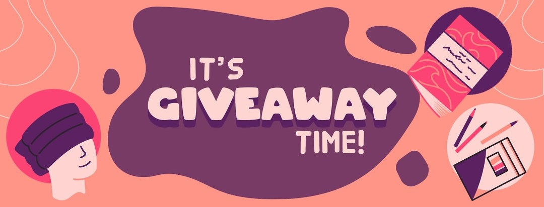 Its Giveaway Time! With illustrations of a headache hat, a coloring book and color pencils