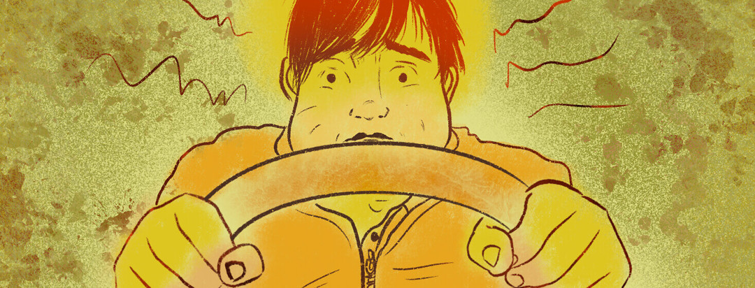 Person clutches steering wheel with nausea.