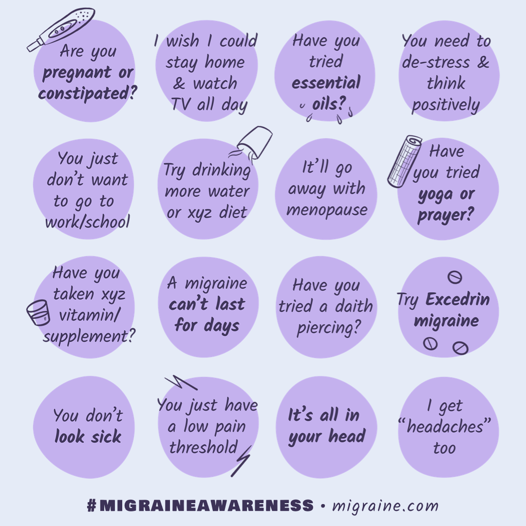 Bingo chart featuring things people hear with migraine.