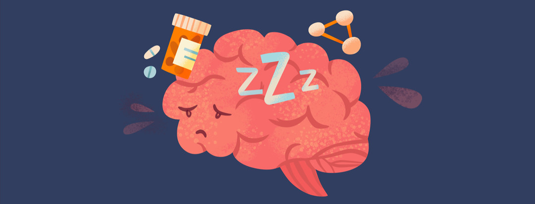 Brain with sleep Z's, pills, connected dots, sweat