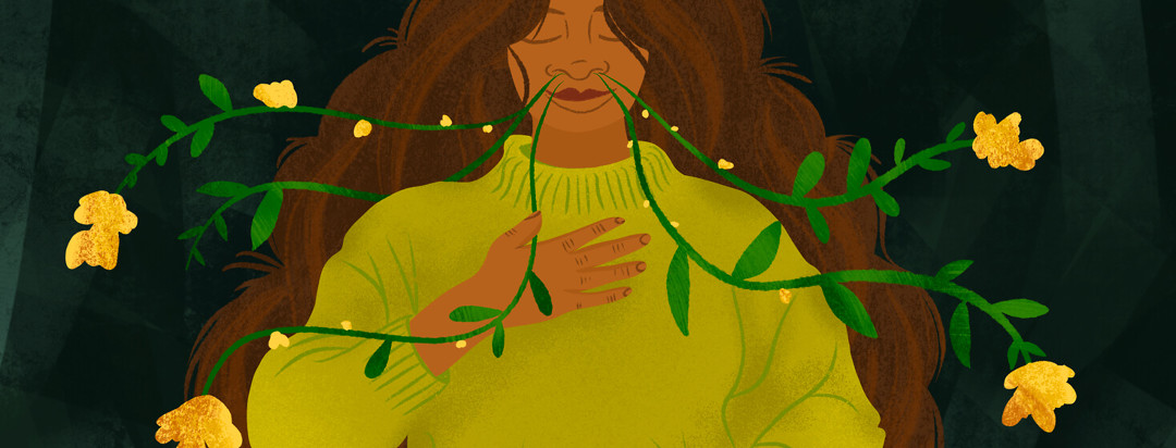Ethnically ambiguous woman closes eyes, holding hand to chest, as flower vines grow from her nose