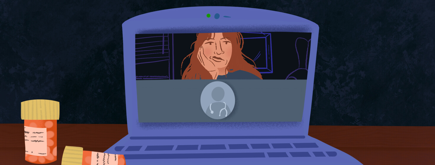 Laptop featuring telehealth visit with frustrated patient and doctor whose camera is turned off.