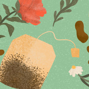 Pattern featuring peony flower, chamomile, three tea bags, drops of tea