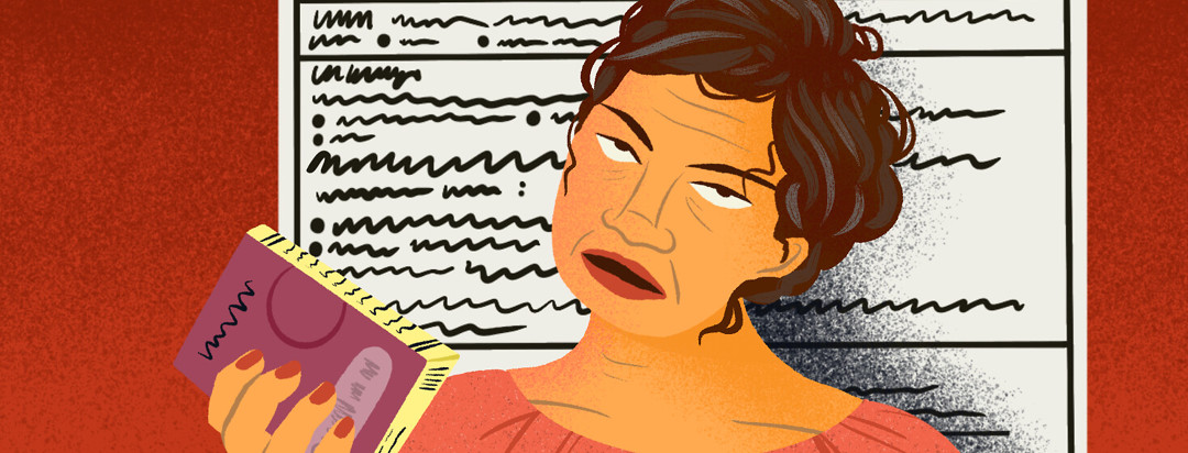 Middle aged white woman holds box of medication while rolling her eyes; a close up of scribbled side effects highlighted behind her
