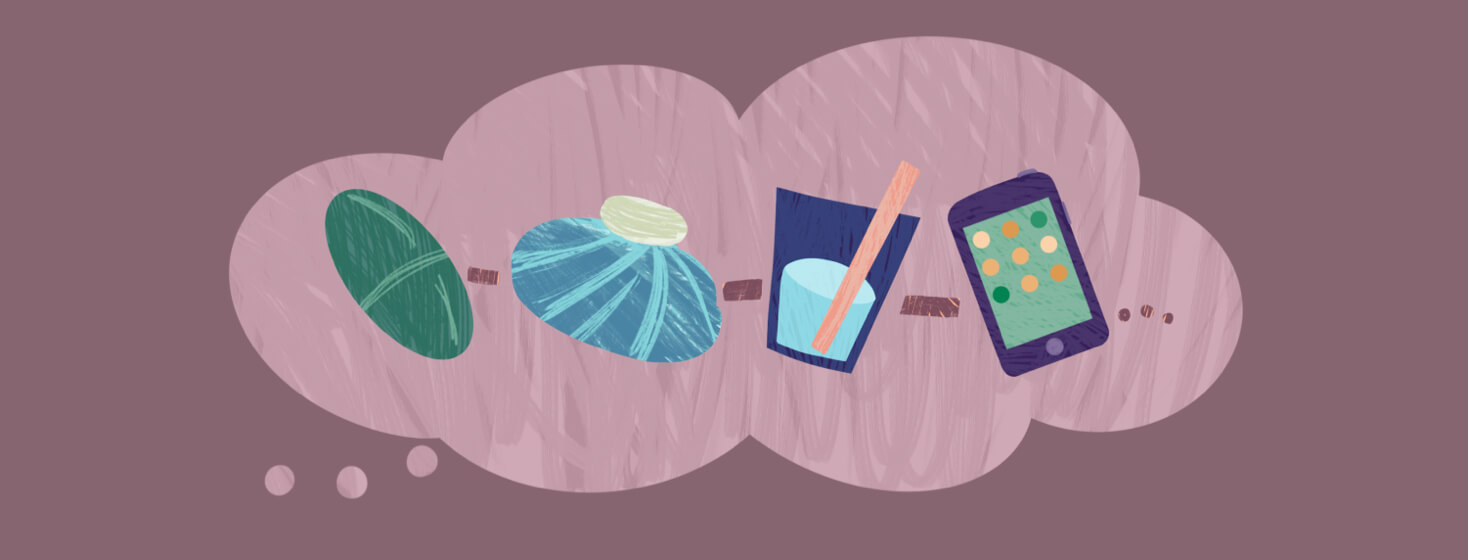 Thought bubble featuring medication pill, ice pack, water glass with straw, phone featuring apps