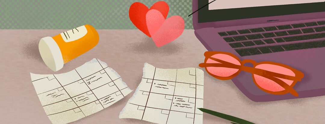 Desk featuring ripped up schedule, rose-tinted glasses, laptop with hearts, pill bottle