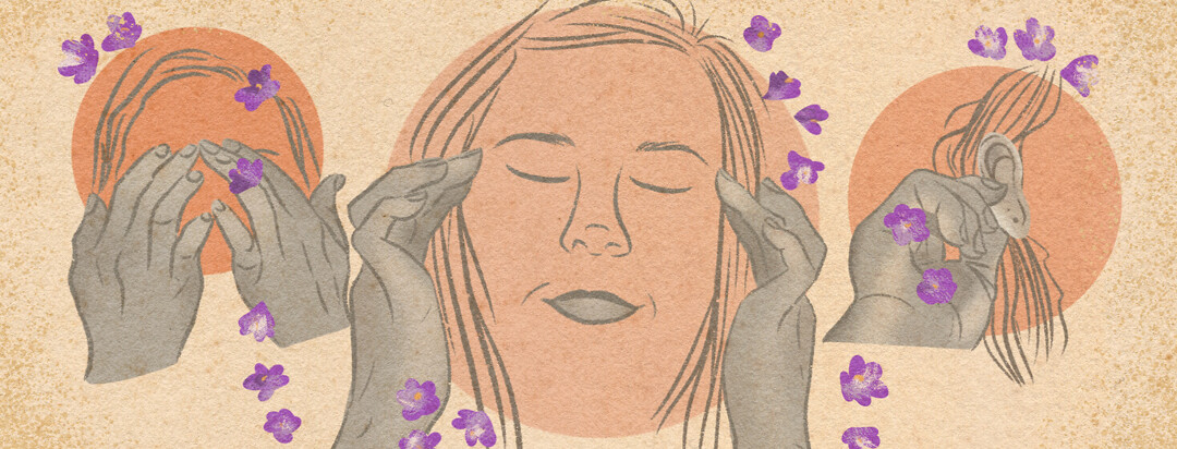 Hands touching face, temples, ear with lavender flowers