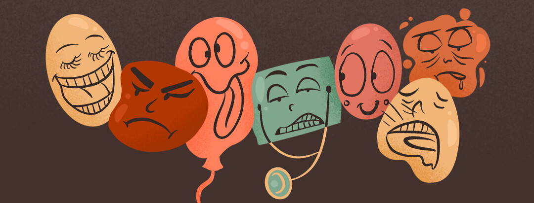 Seven personality types in smiley face bubbles represent the attack phases of migraine