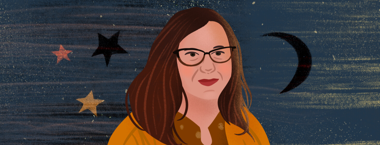 Portrait of Laura in front of starry sky with moon