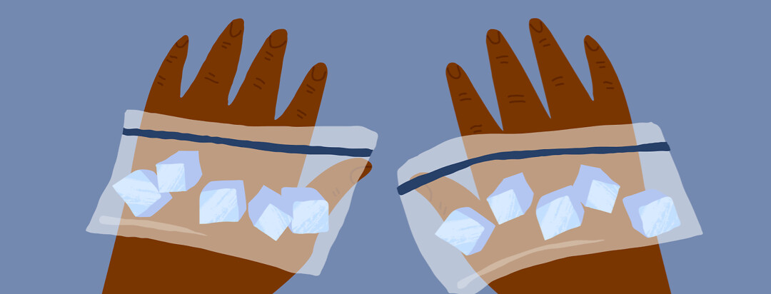 Ice cubes in plastic bags over hands