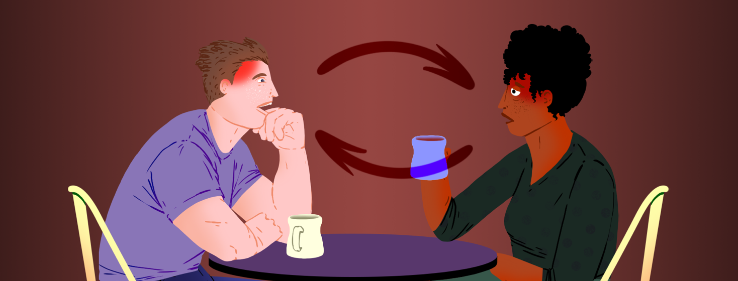 A couple chat at a table over cups of tea and throbbing headaches