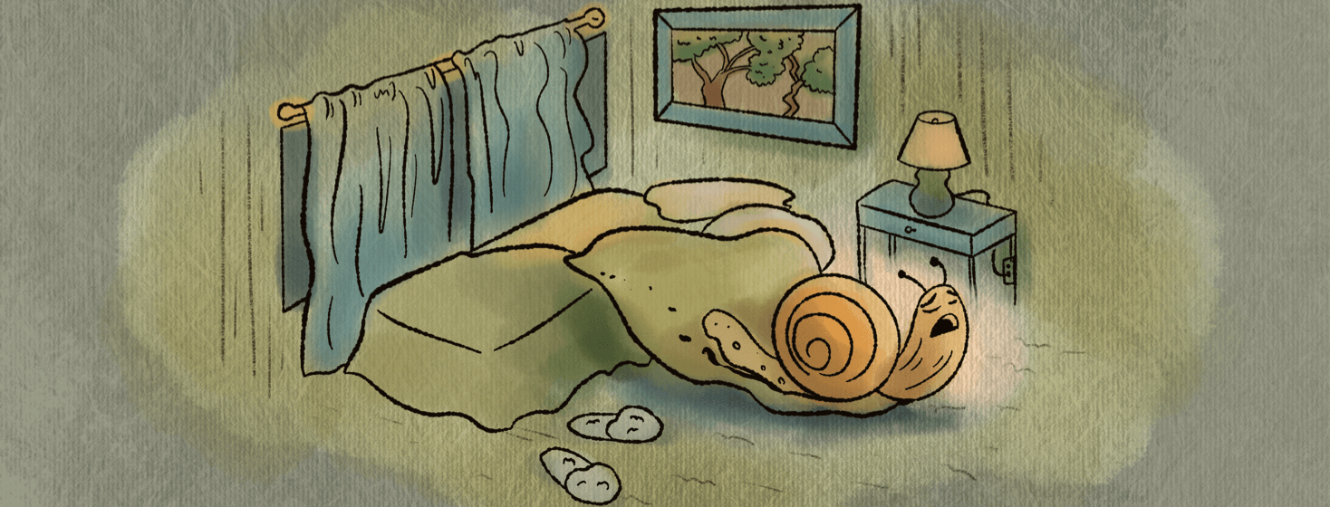 Snail struggles to get out of his bed from fatigue, dragging a blanket along with him