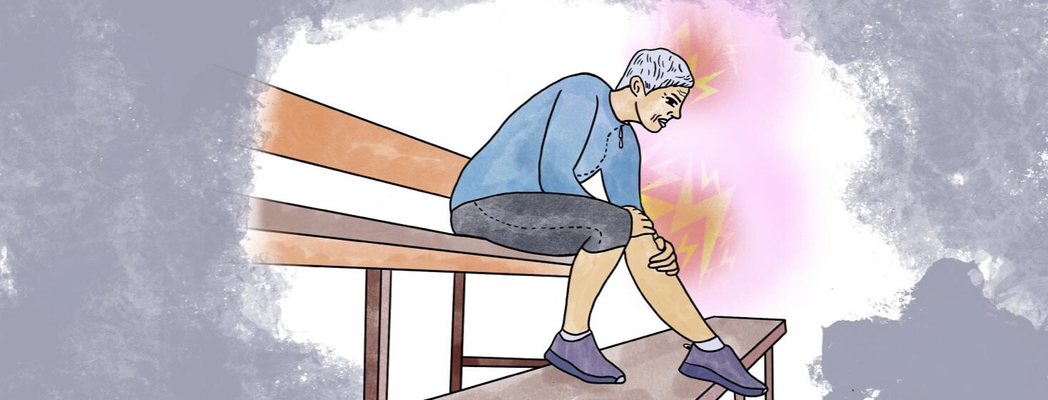 Elder adult woman bent over with limb pain and a migraine.
