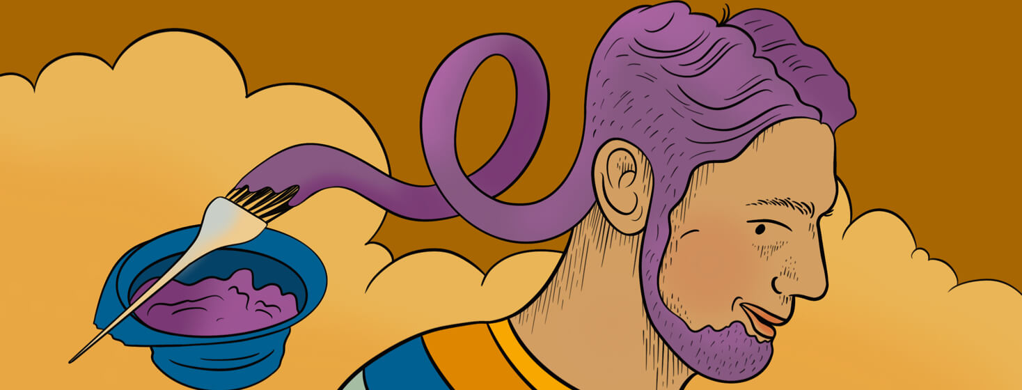 Man smiles back at purple hair dye shaped like a migraine advocacy ribbon
