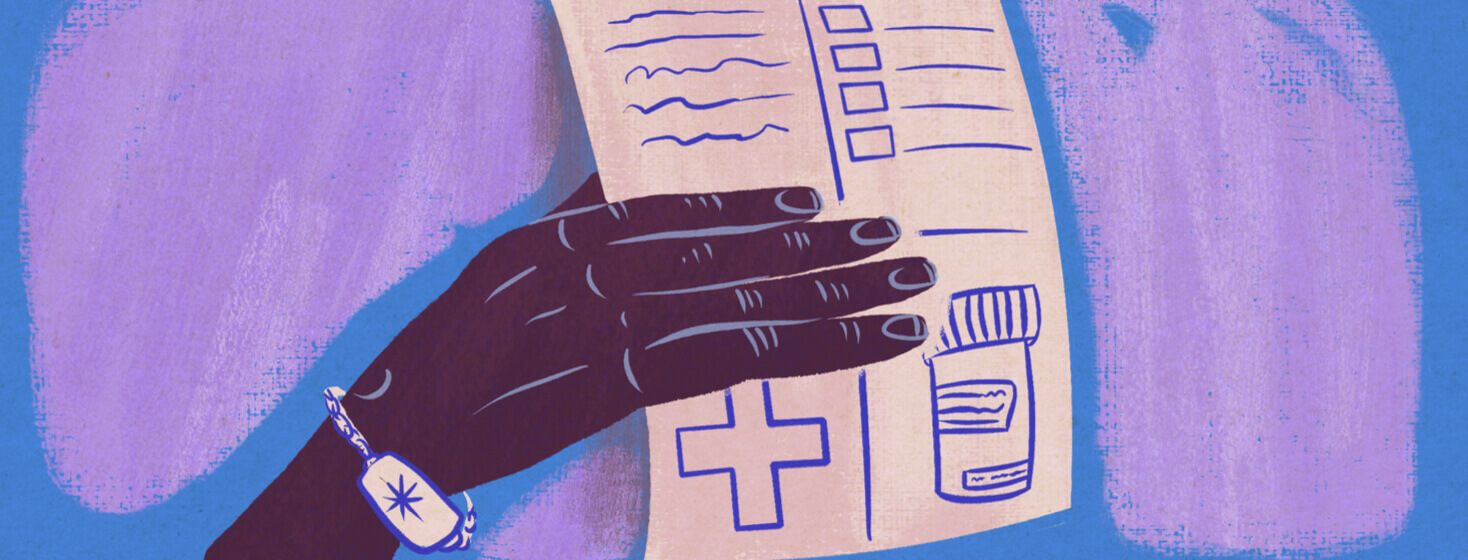 Hand with a medical bracelet around its wrist holds up a sheet of paper with a checklist, medication, and notes