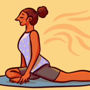 Woman with a bun sits in yoga position to relieve tension