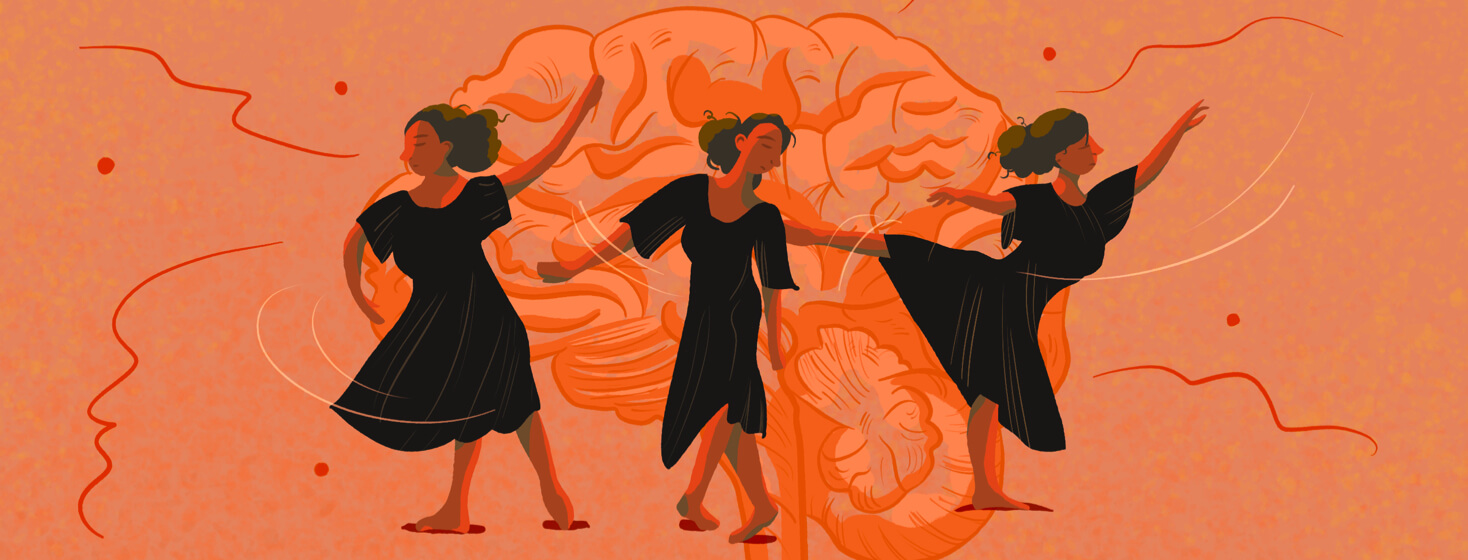 Woman dances around the profile of a brain