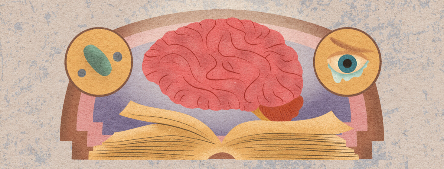 80s style image showing an open book, a brain, a tearing up eye, and some pills in bubbles