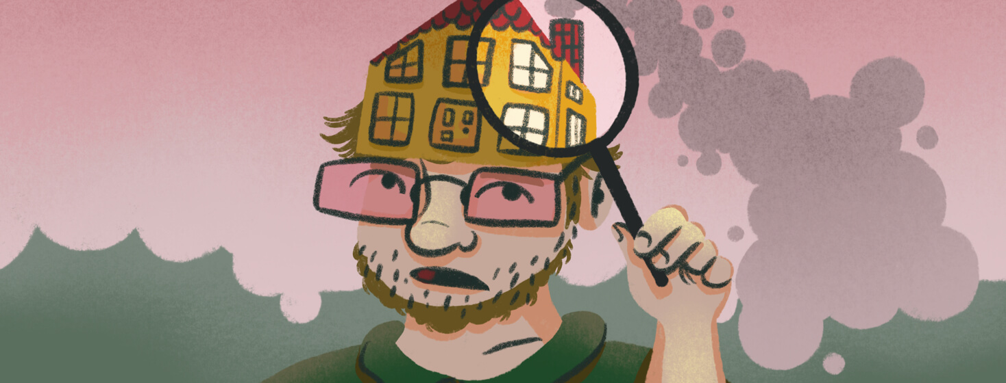 Man with pink tinted migraine glasses puts magnifying glass up to his house shaped head to identify lights on in windows