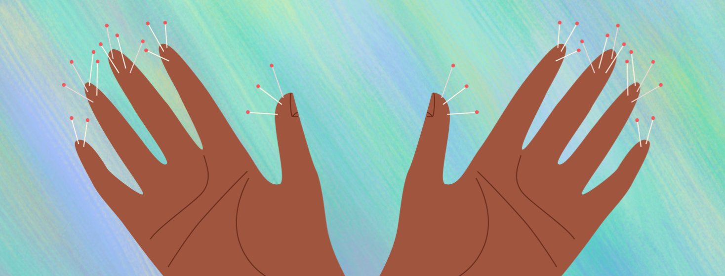 A pair of hands with acupuncture needles and a soft relaxing background