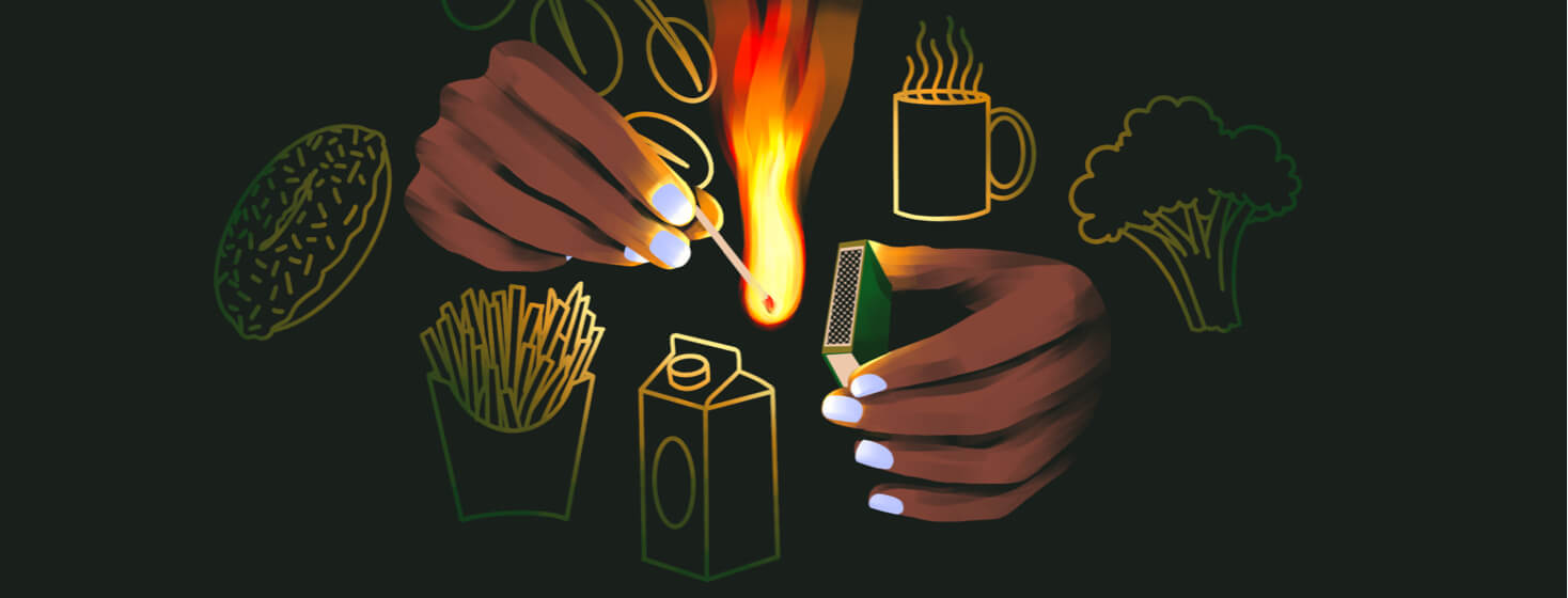 Person lighting a match to represent trigger of junk food outlines