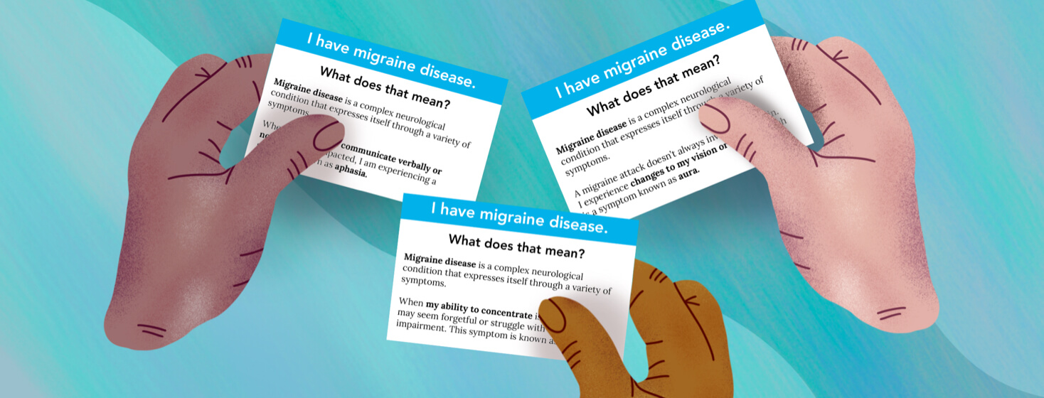 Three hands of different skin colors hold up Migraine medical cards for brain fog, aphasia, and aura.