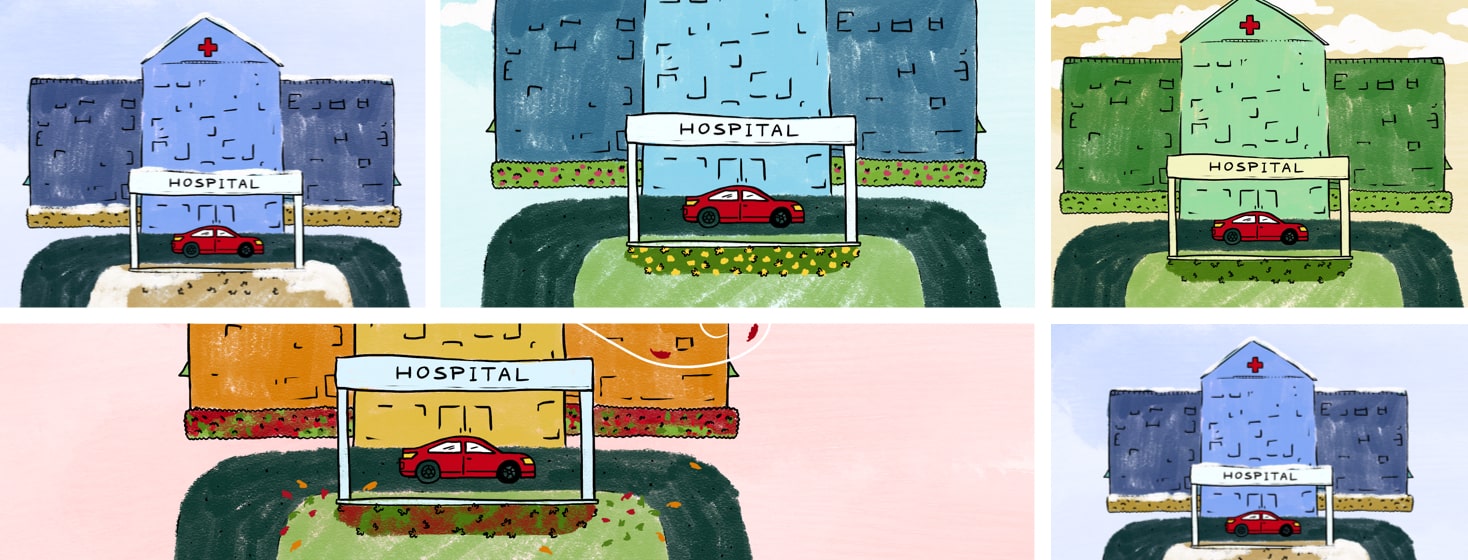 A red car in front of a hospital shown in five panels with different seasons