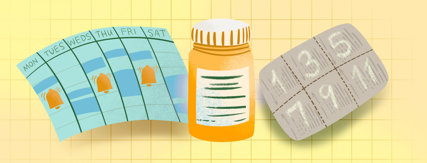 Pill bottle with a calendar showing an alarm bell every other day and the back of a sheet of pills with every other day marked