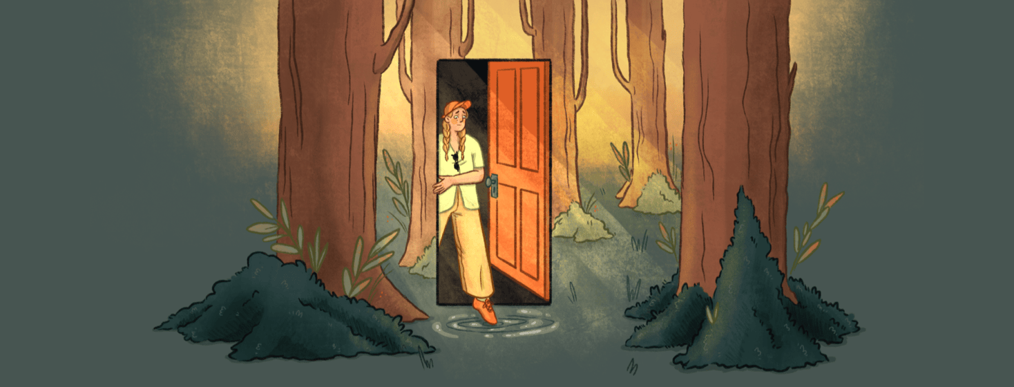 A woman is exiting a door in the middle of a shady forest, she dips one toe into the forest ground