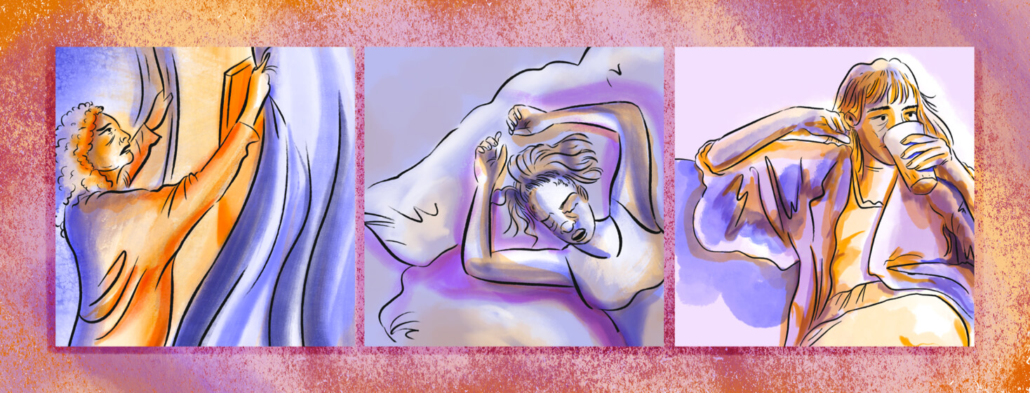 Three panels showing a woman closing curtains, laying in bed in agony, and drinking water on a couch